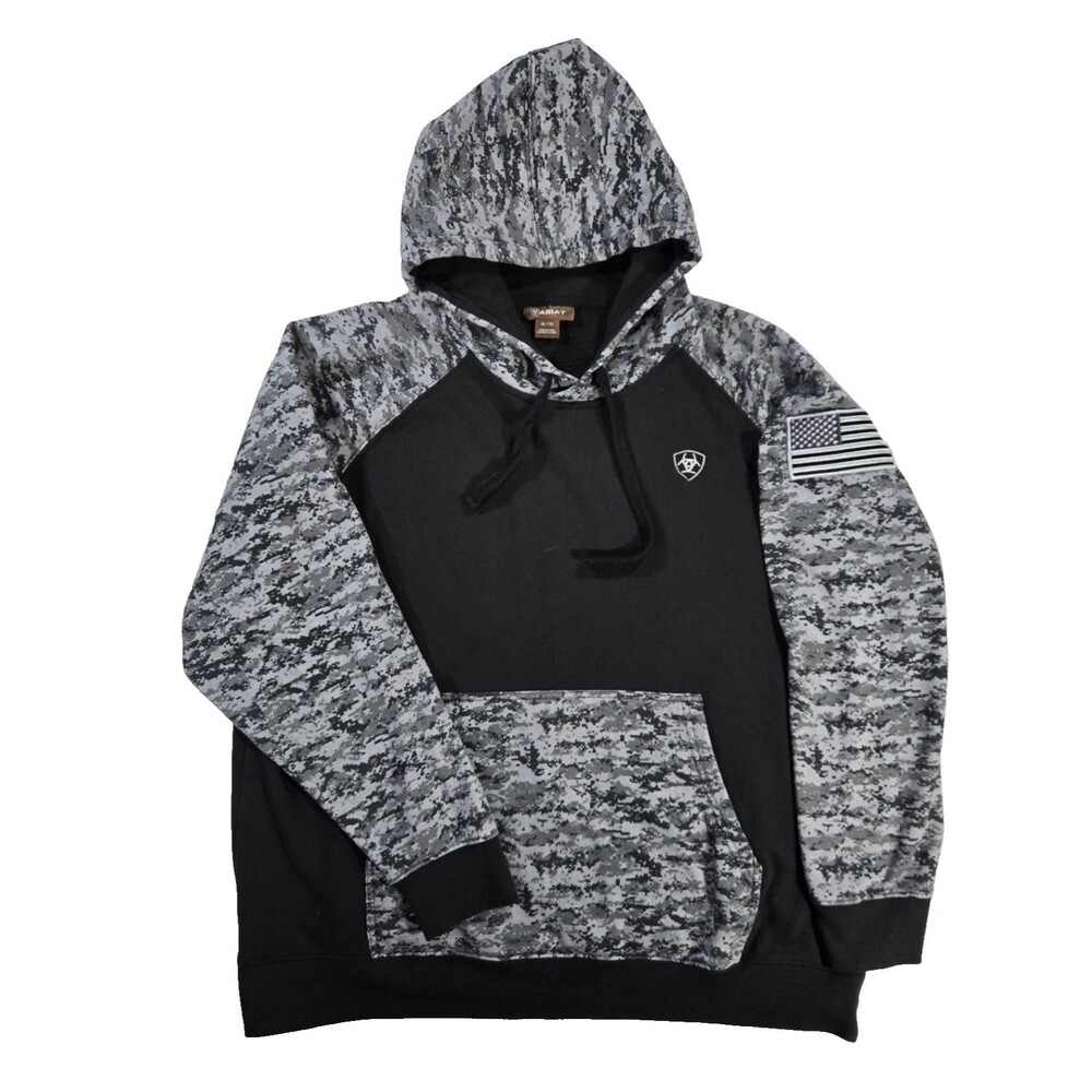 Ariat Hoodie Mens XL Black Gray Digital Camo USA Flag Patch Pullover Sweatshirt